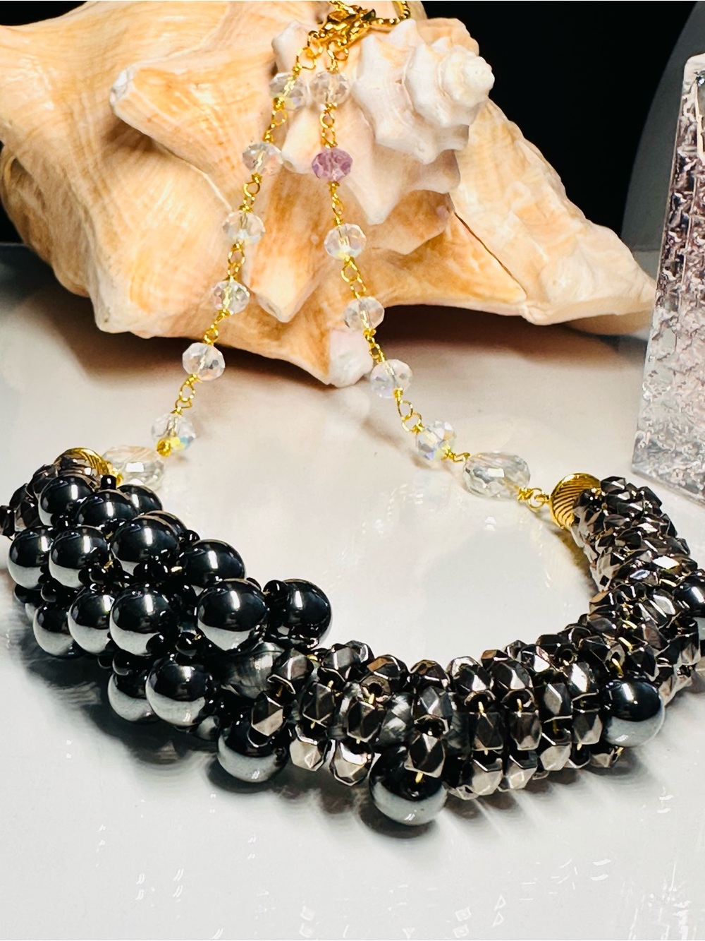 HEMATITE + CRYSTALS Cluster Necklace